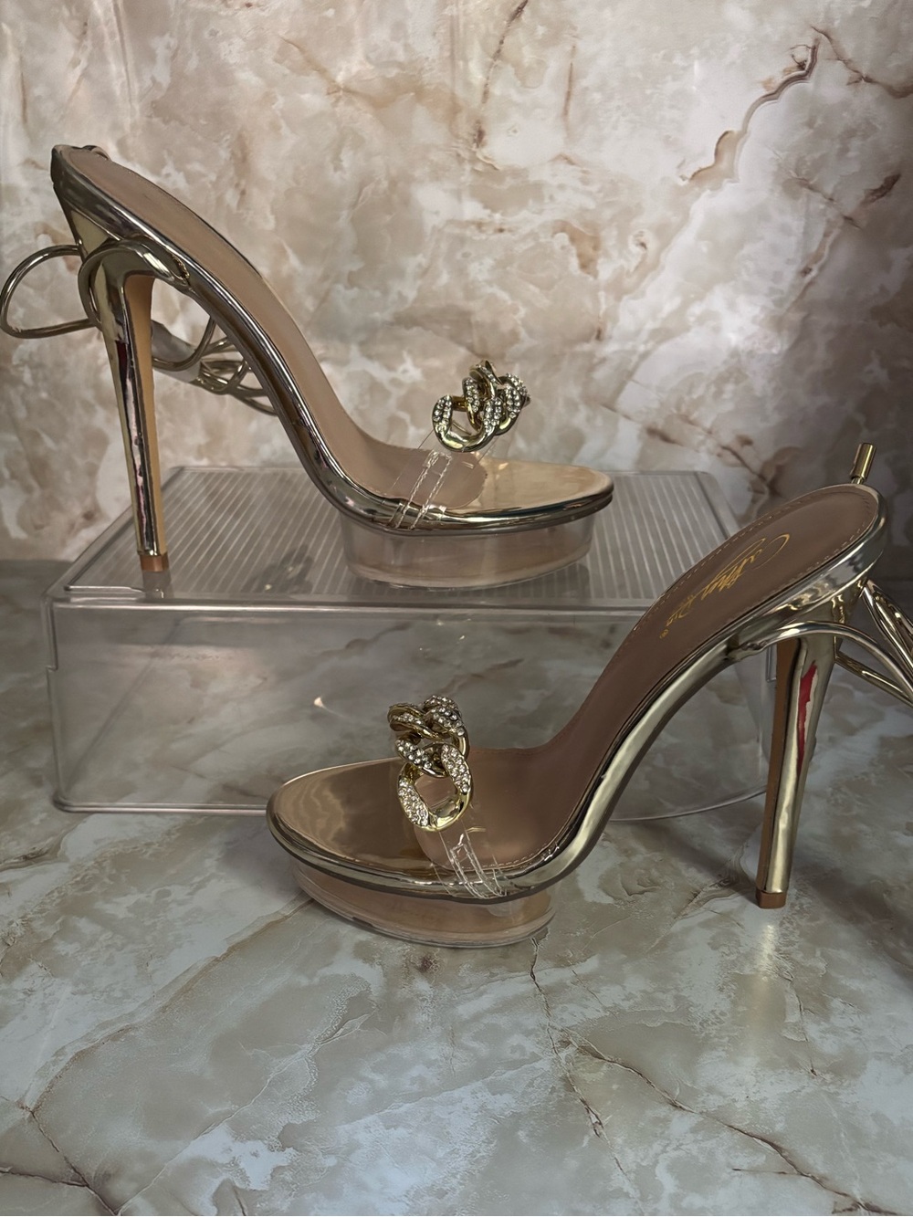 Gold Rhinestone Knot Platform Stiletto Sandals - Women